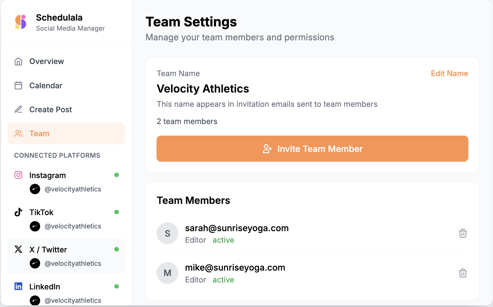 Schedulala Team Settings