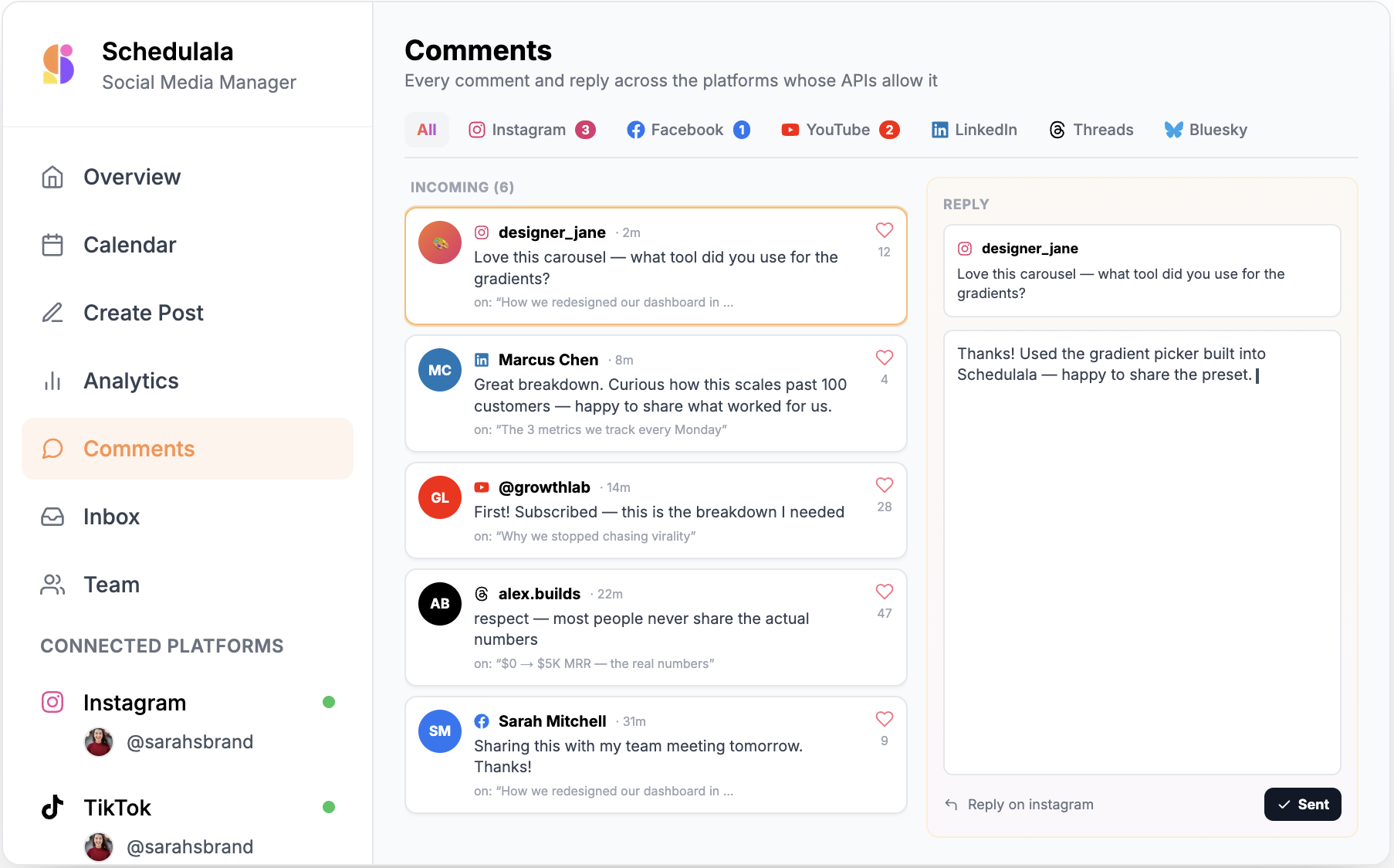 Schedulala unified comments and DM inbox across Instagram, Facebook, YouTube, LinkedIn, Threads, and Bluesky